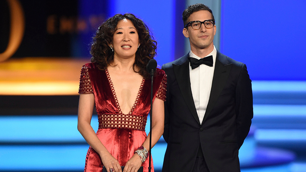 Mandatory Credit: Photo by Phil McCarten/Invision/AP/REX/Shutterstock (9885497ac) Sandra Oh, Andy Samberg. Sandra Oh, left, and Andy Samberg present the award for outstanding directing for a comedy series at the 70th Primetime Emmy Awards, at the Microsoft Theater in Los Angeles 70th Primetime Emmy Awards - Show, Los Angeles, USA - 17 Sep 2018