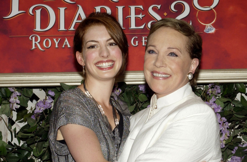 Anne Hathaway (L) and Julie Andrews, cast members in the family comedy motion picture "The Princess ..